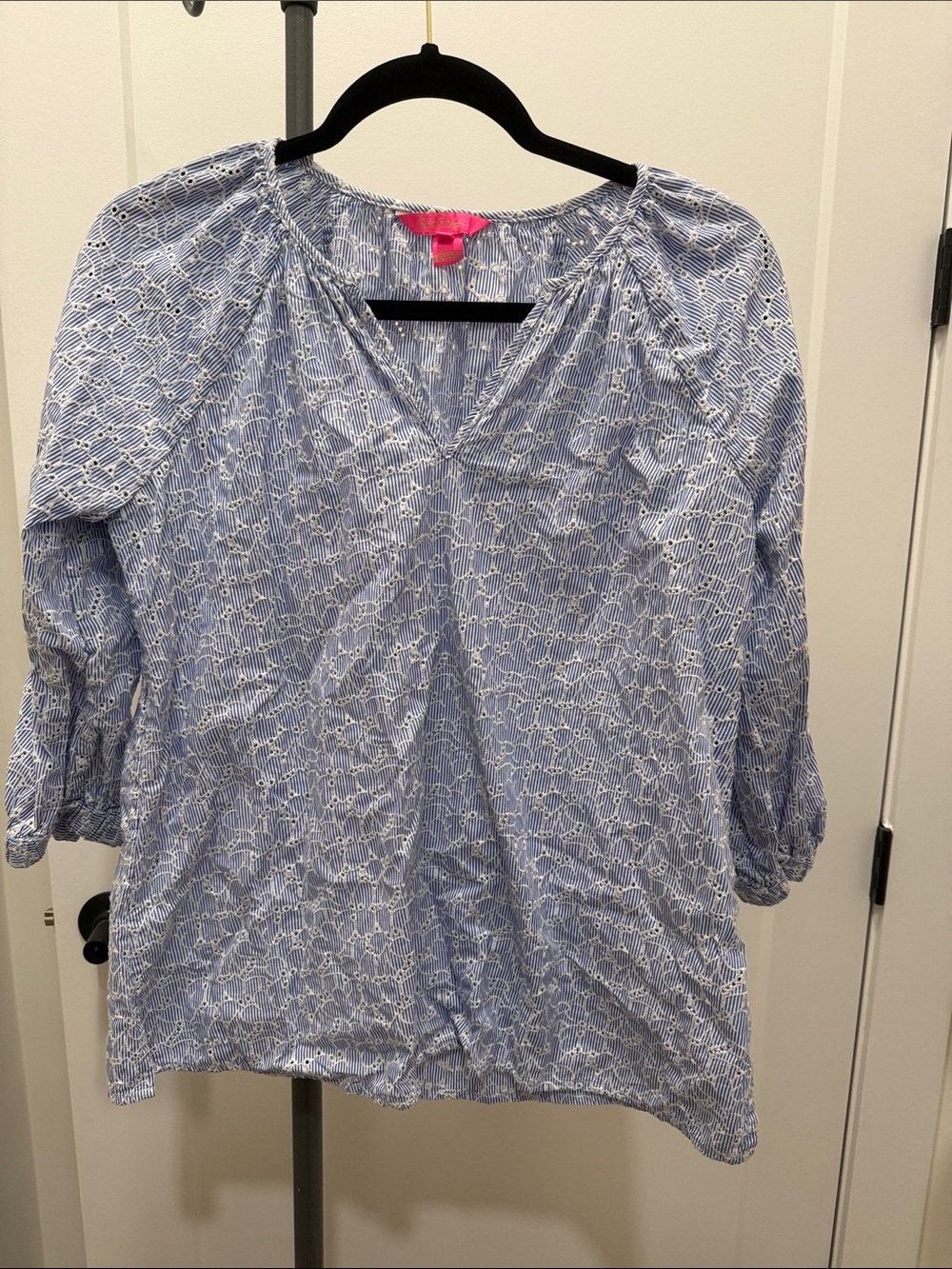 Lilly Pulitzer Light Blue & White Printed V-Neck Blouse